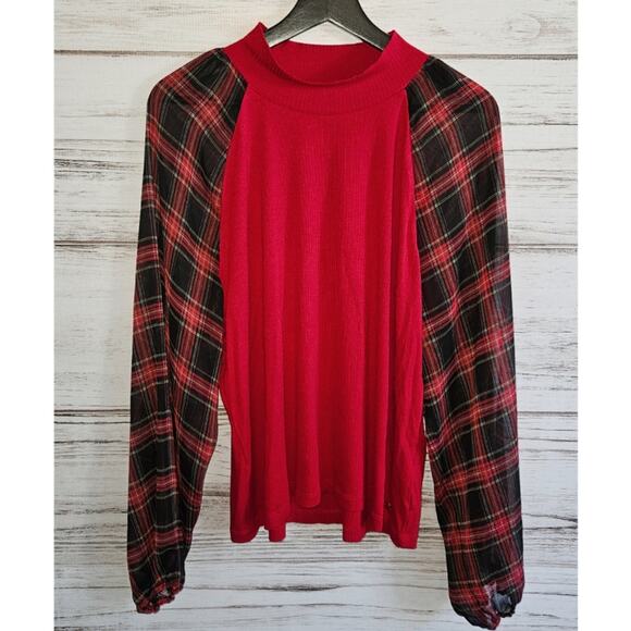 Tommy Hilfiger Tops - Tommy Hilfiger Ribbed Sheer Plaid Sleeve Mock Neck Top sz XL